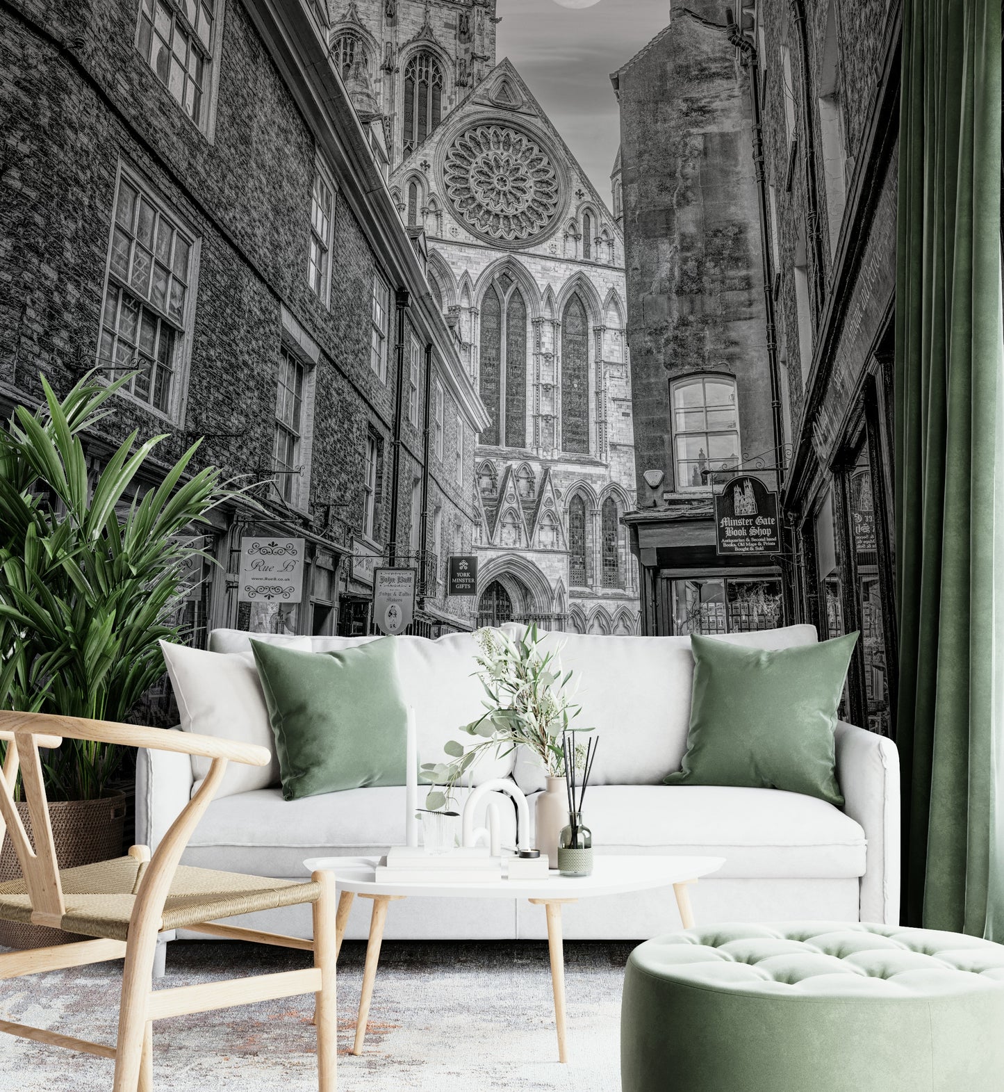 An artistic dark urban scene mural on minimalist wallpaper.

