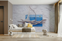 A peaceful open ocean mural on decorative wallpaper.

