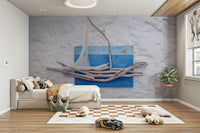 A graceful subtle boat wall mural in cool, natural tones.

