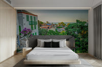 A graceful subtle architecture wall mural in cool, white tones.

