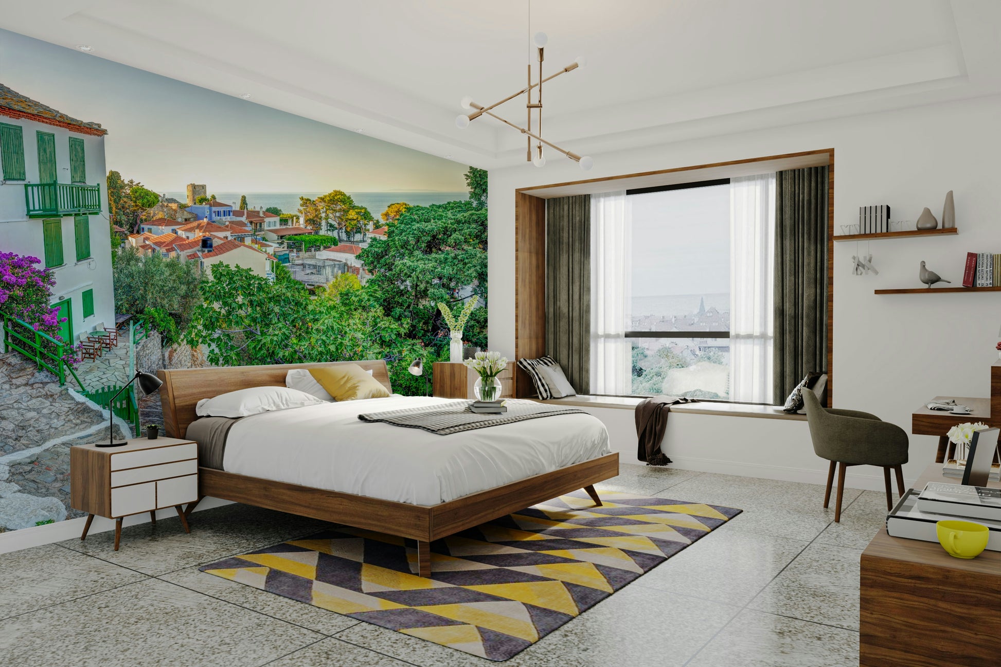 An artistic coastal path mural on minimalist wallpaper.

