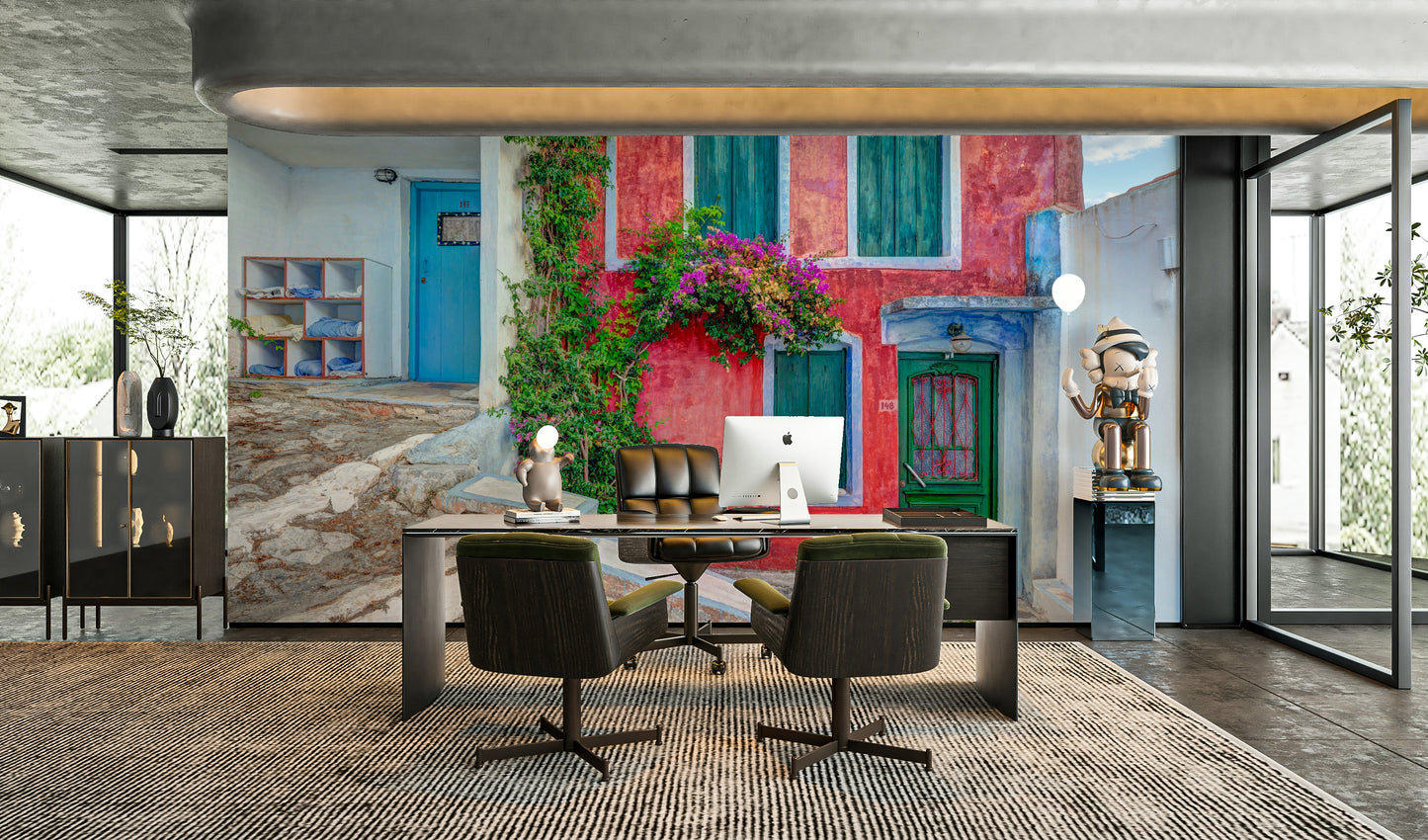 An artistic Greek seaside mural on minimalist wallpaper.

