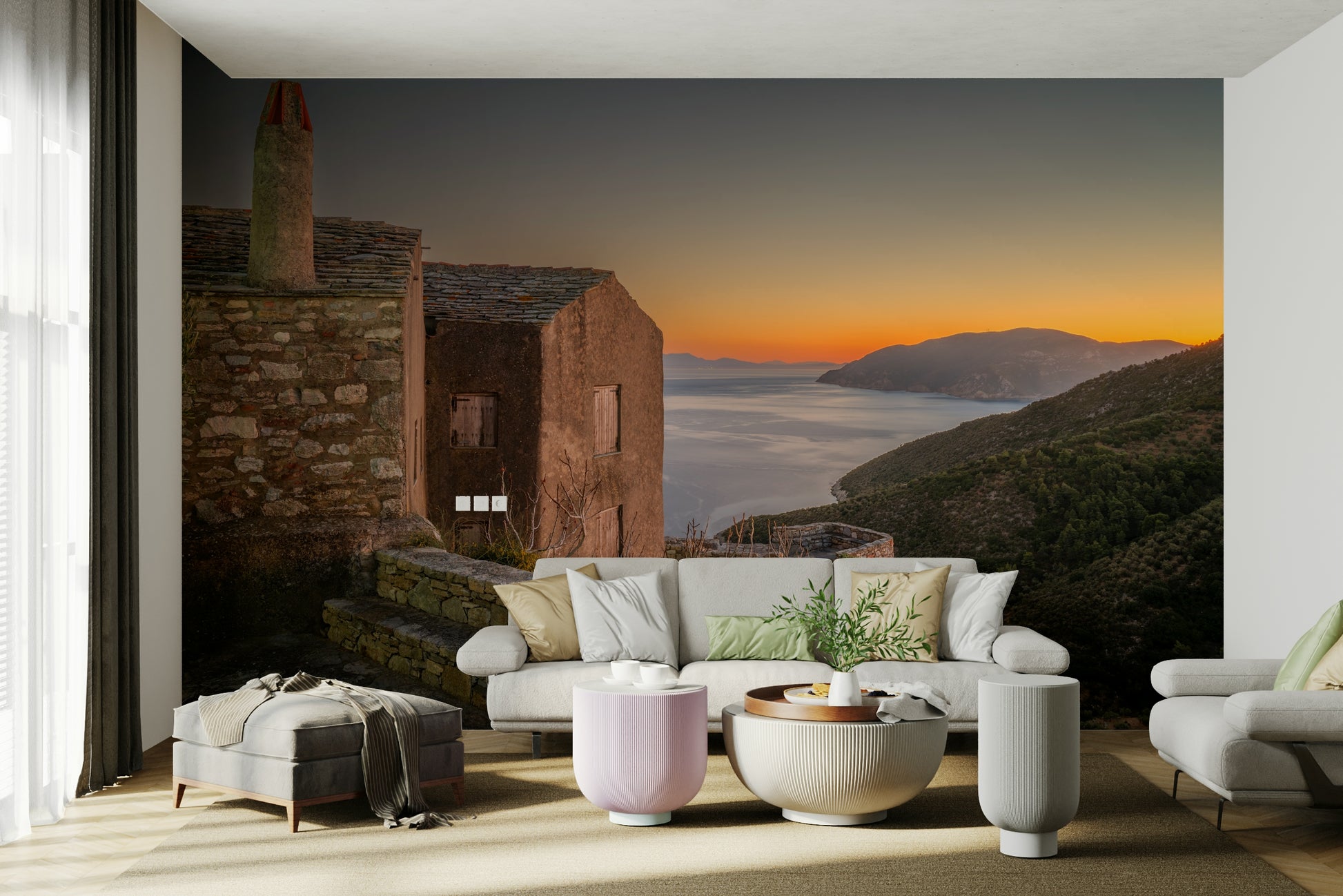 An artistic coastal scene mural on scenic wallpaper.

