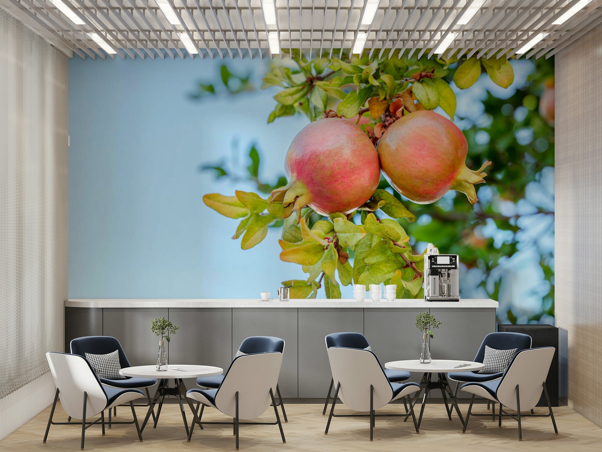 An artistic fruit tree mural on minimalist wallpaper.

