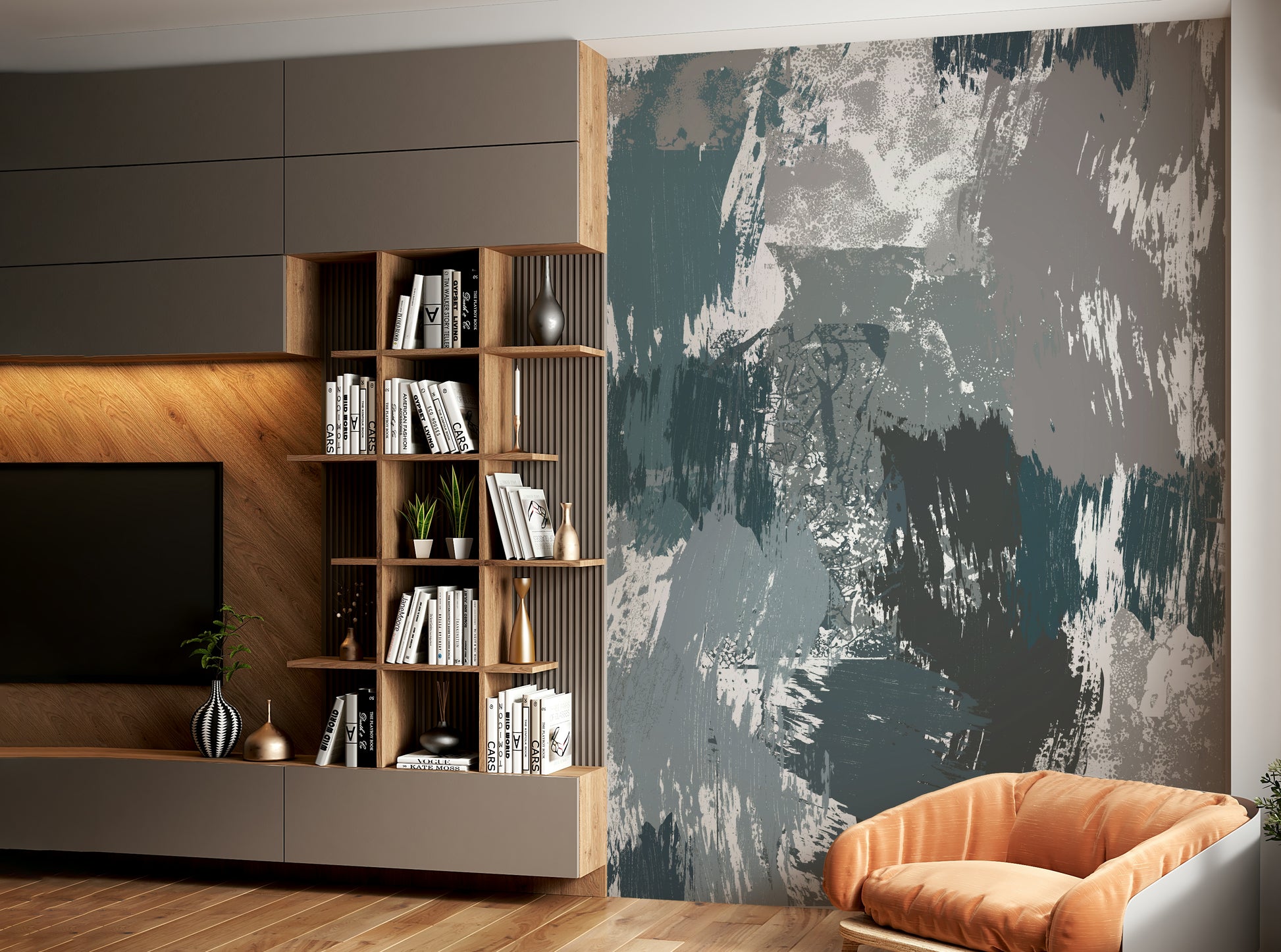 A beautiful wide-angle wall mural of a snowy range.

