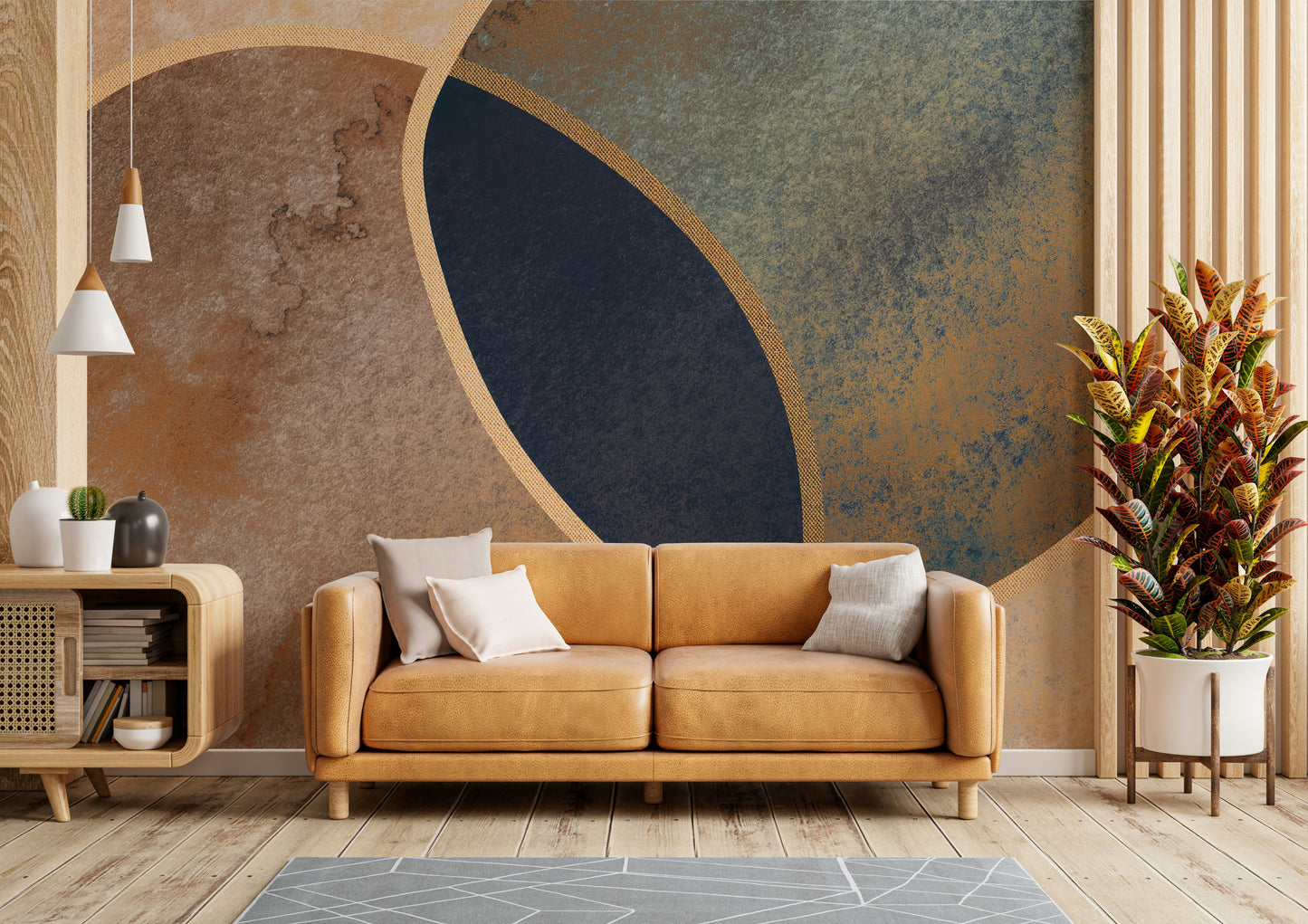A graceful subtle abstract wall mural in cool, natural tones.

