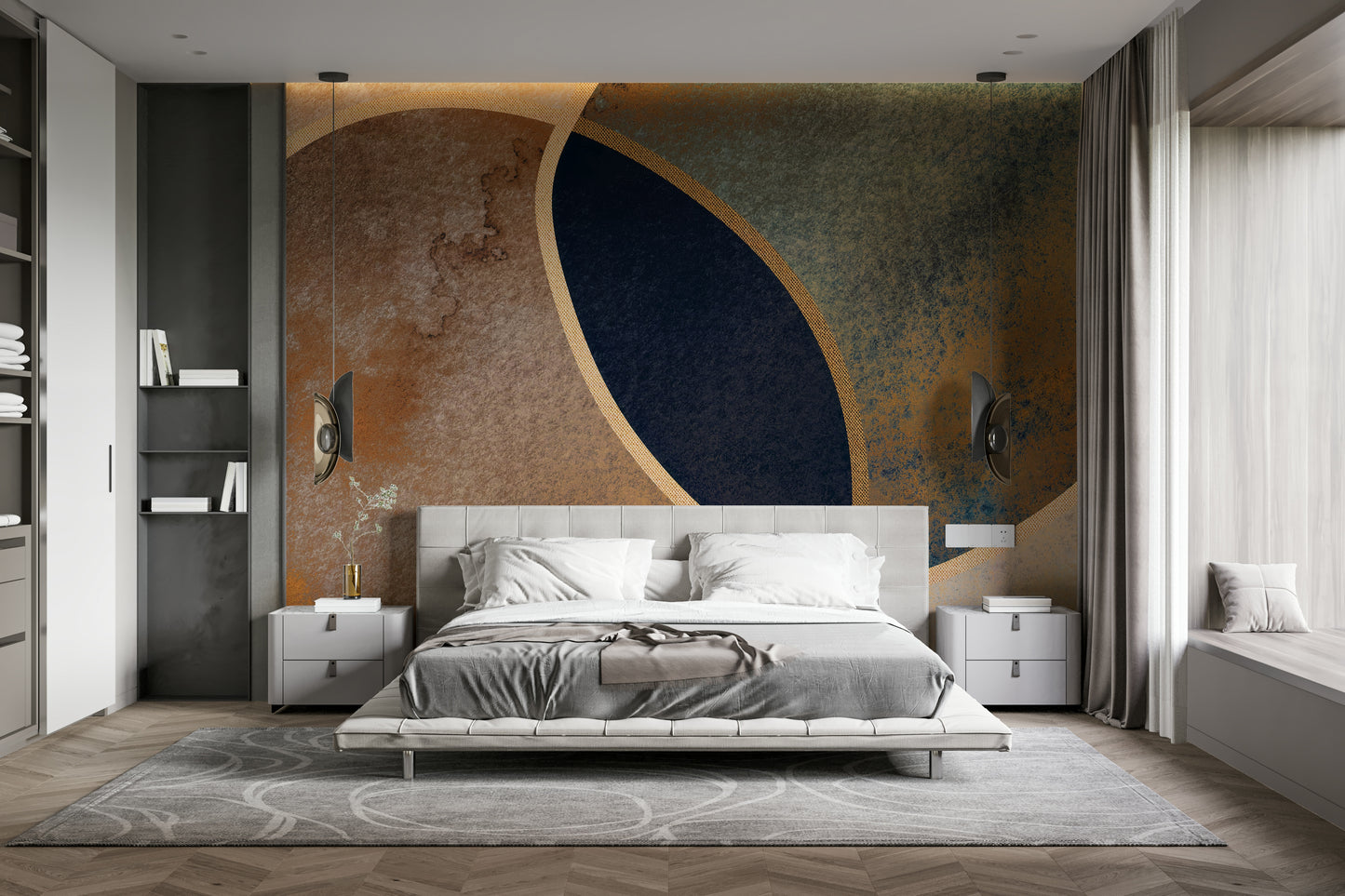 A peaceful modern abstract mural on decorative wallpaper.

