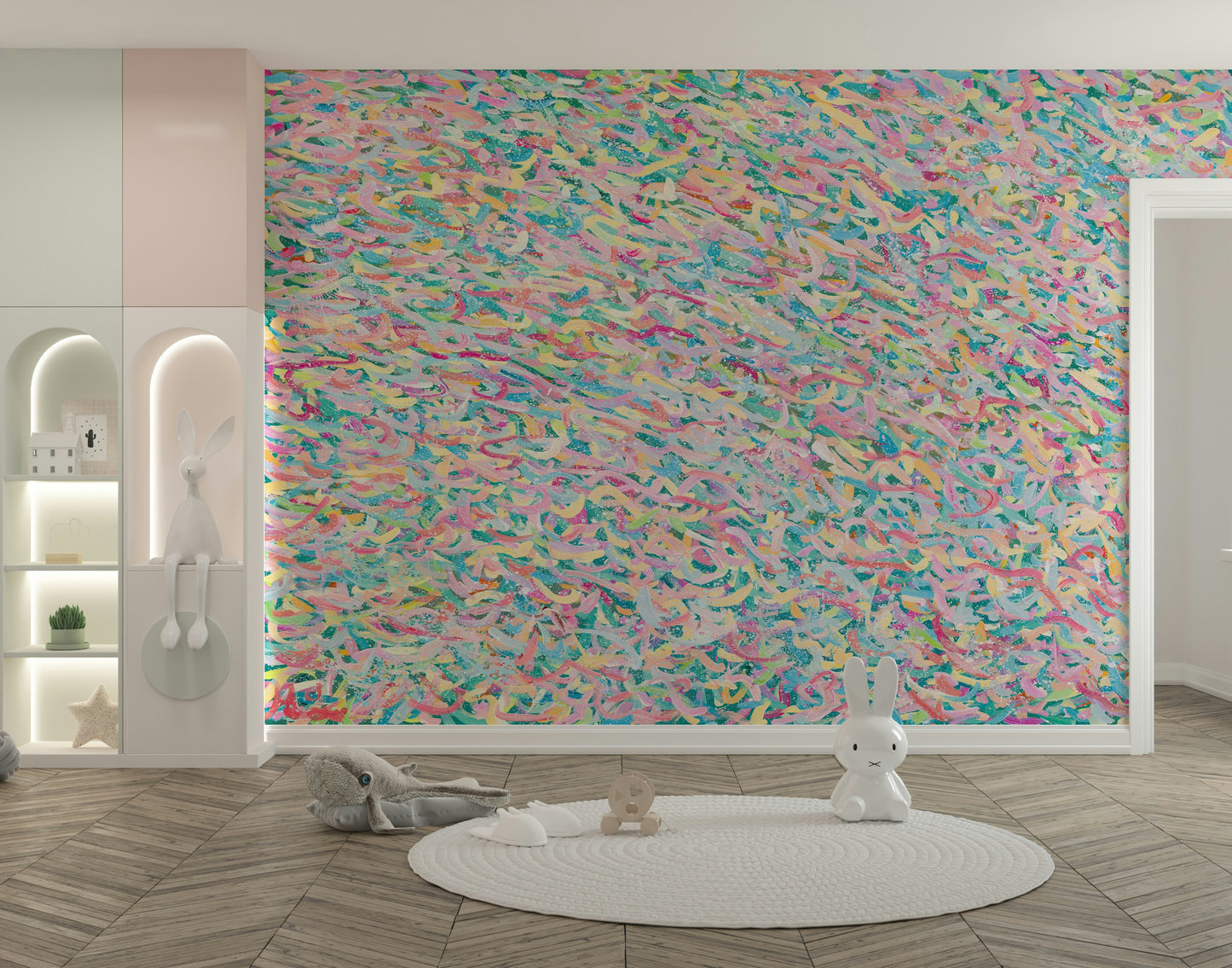 A contemplative colorful candy wallpaper mural for a feature wall.

