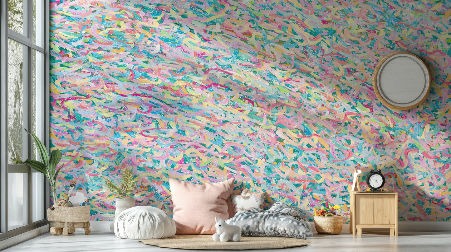 A beautiful whimsical candy wallpaper mural with colorful sweets.

