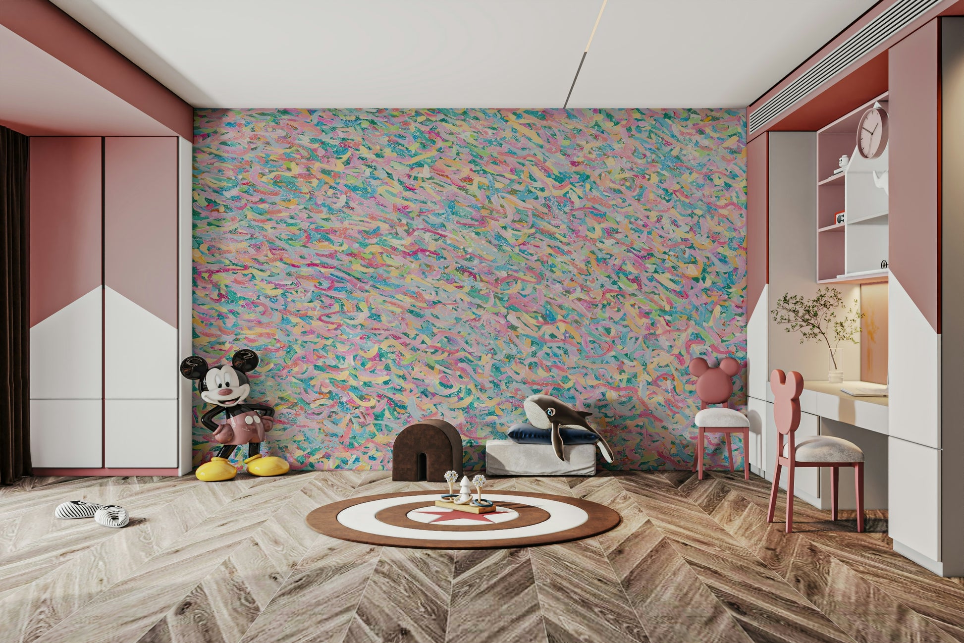 A peaceful playful design mural on decorative wallpaper.


