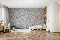 An artistic abstract sweet mural on bright wallpaper.

