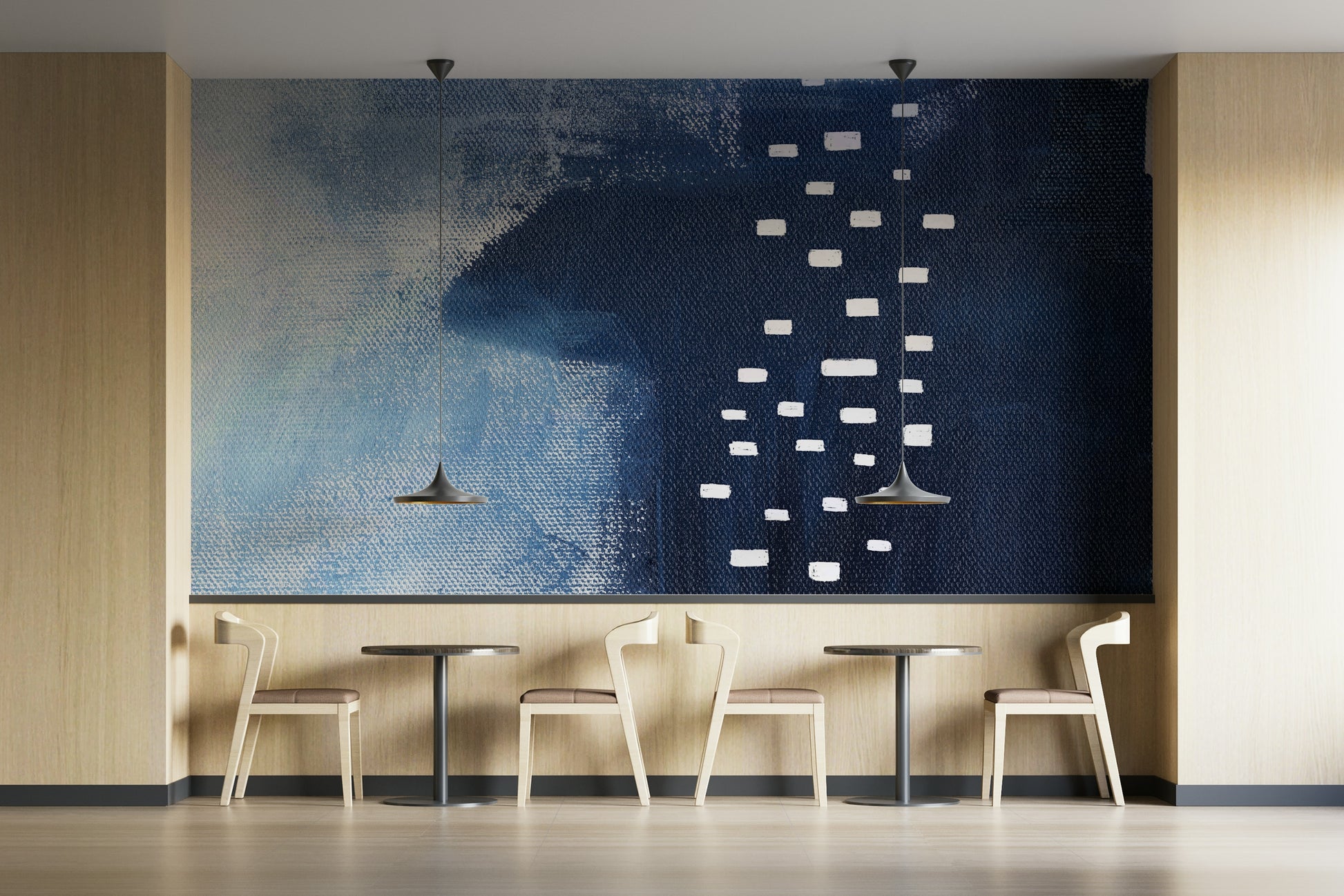 An artistic modern circle mural on minimalist wallpaper.

