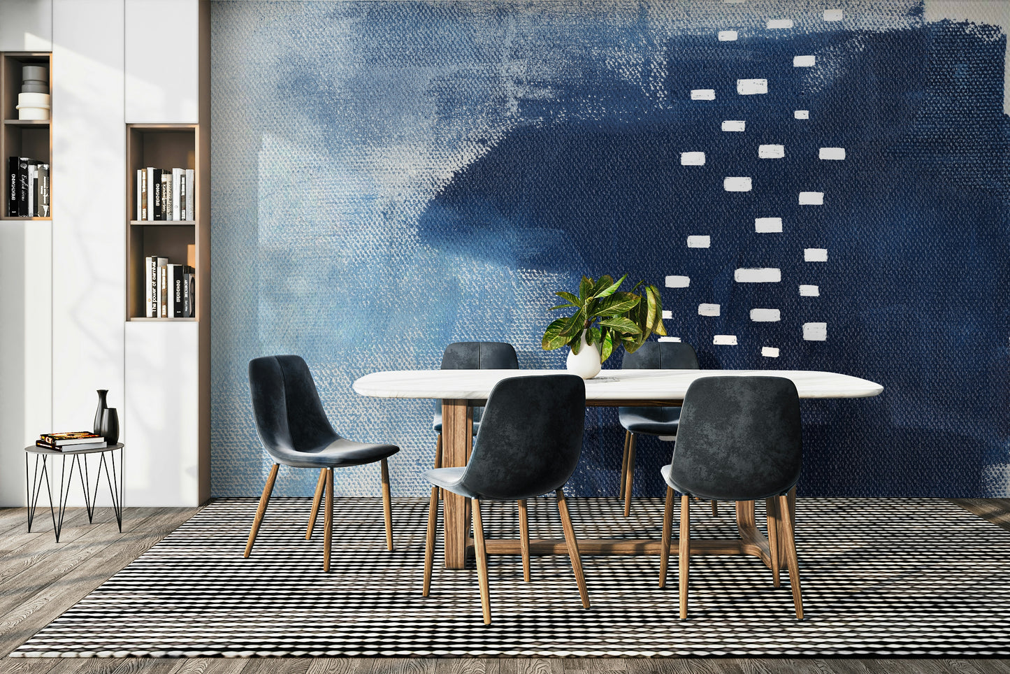 A beautiful blue canvas wallpaper mural with geometric shapes.

