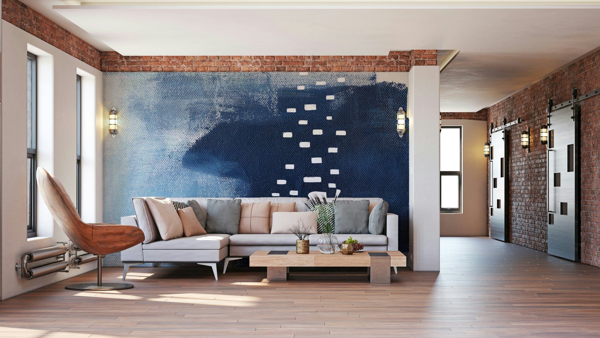 A peaceful geometric abstract mural on decorative wallpaper.

