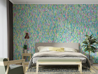 A peaceful modern art mural on decorative wallpaper.

