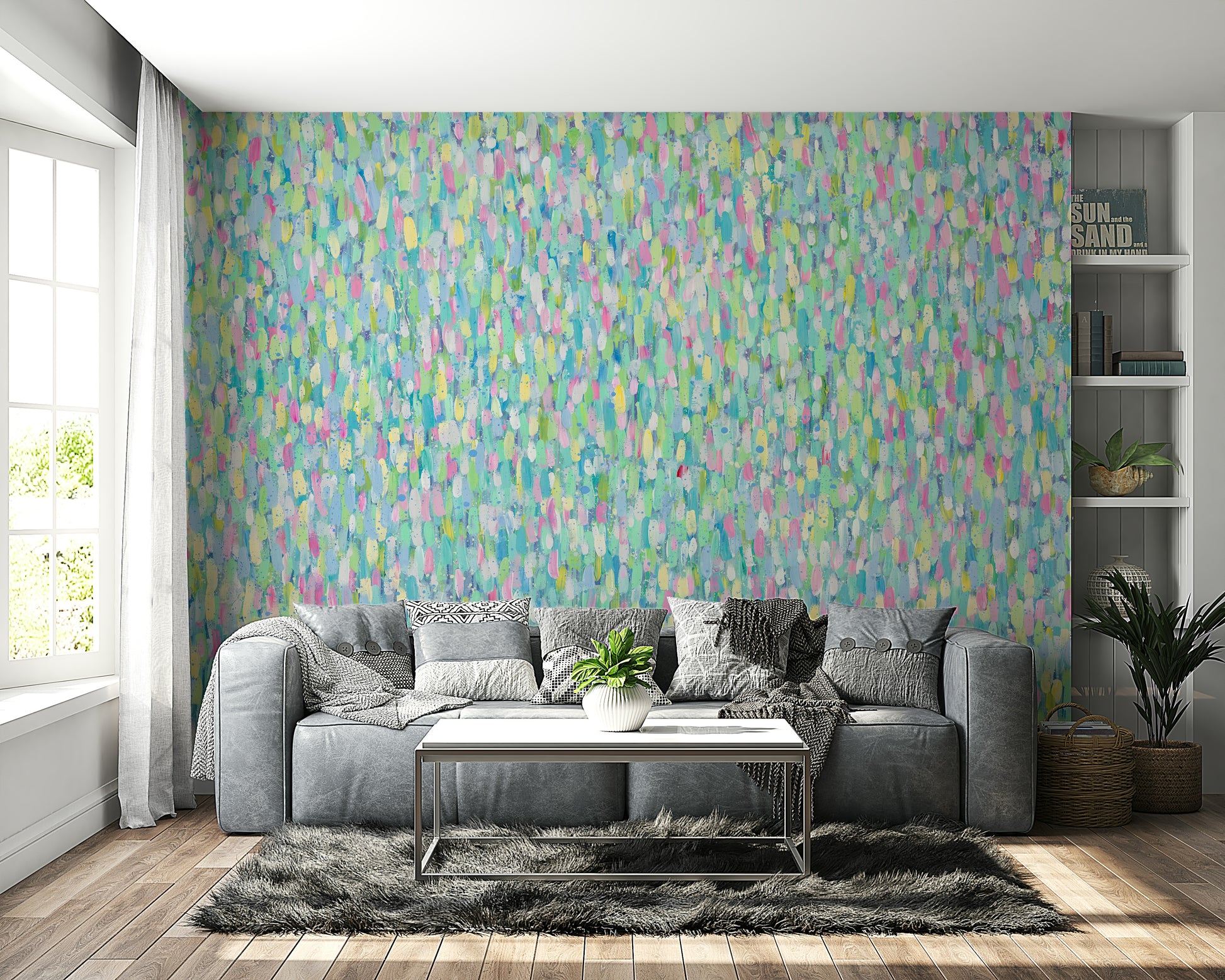 An artistic vibrant color mural on minimalist wallpaper.

