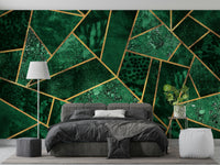 An artistic green geometric mural on luxury wallpaper.

