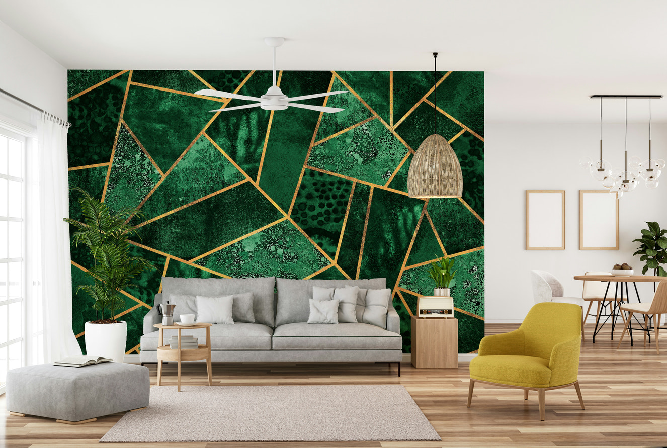 A beautiful geometric wallpaper mural in gilded green.

