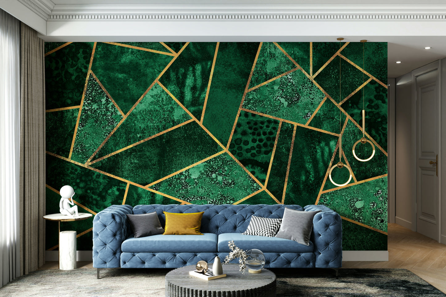 A calming serene geometric wallpaper mural that defines a space.


