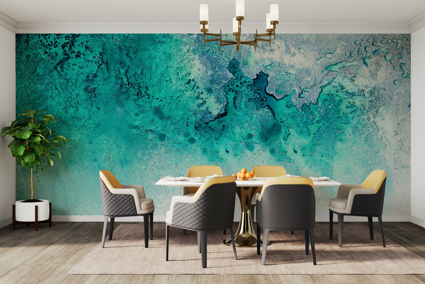 An artistic peaceful ocean mural on minimalist wallpaper.

