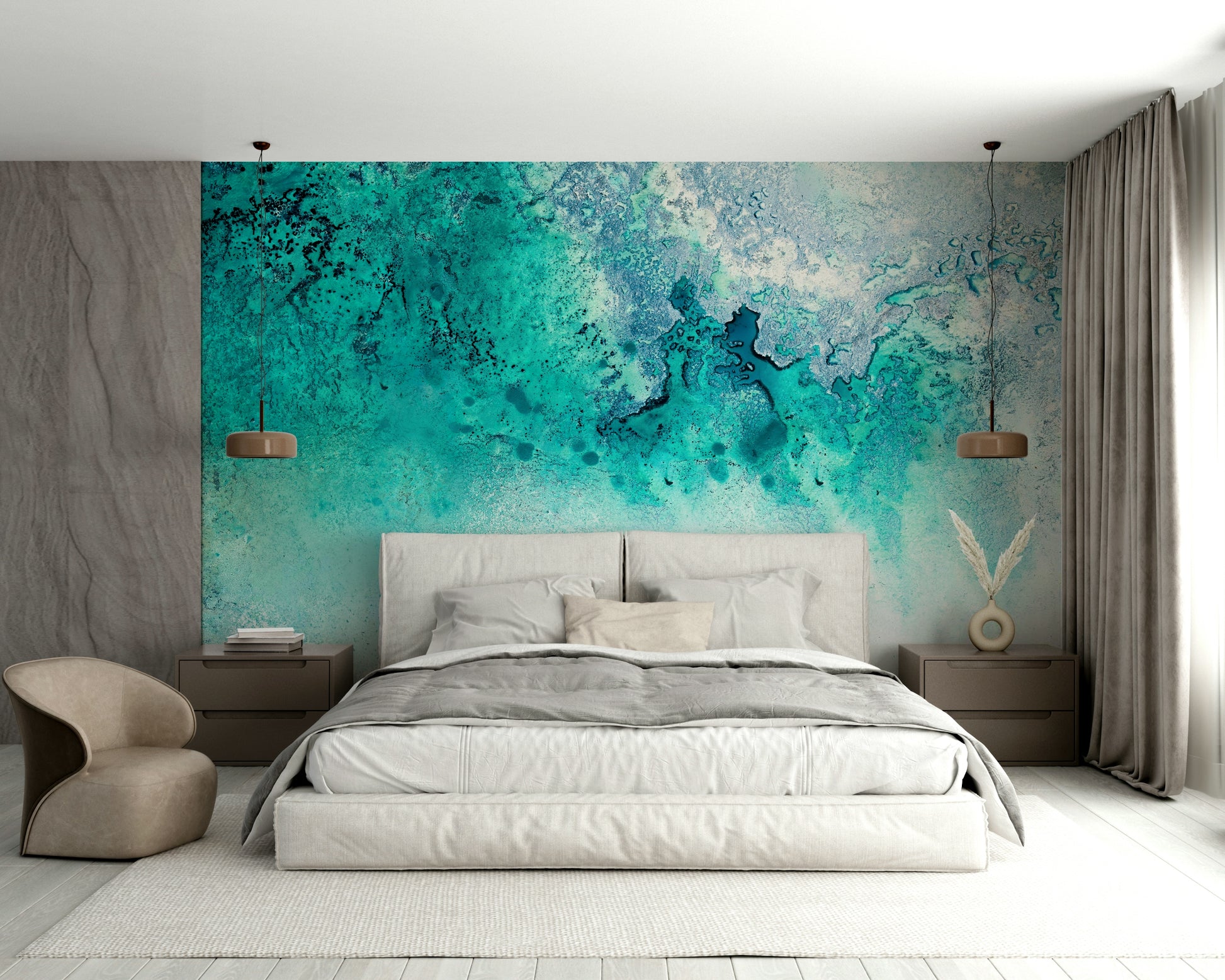 A peaceful coastal scene mural on decorative wallpaper.

