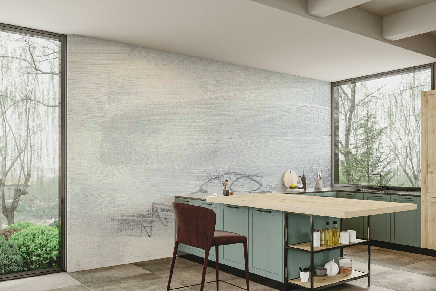 An artistic gray pattern mural on minimalist wallpaper.

