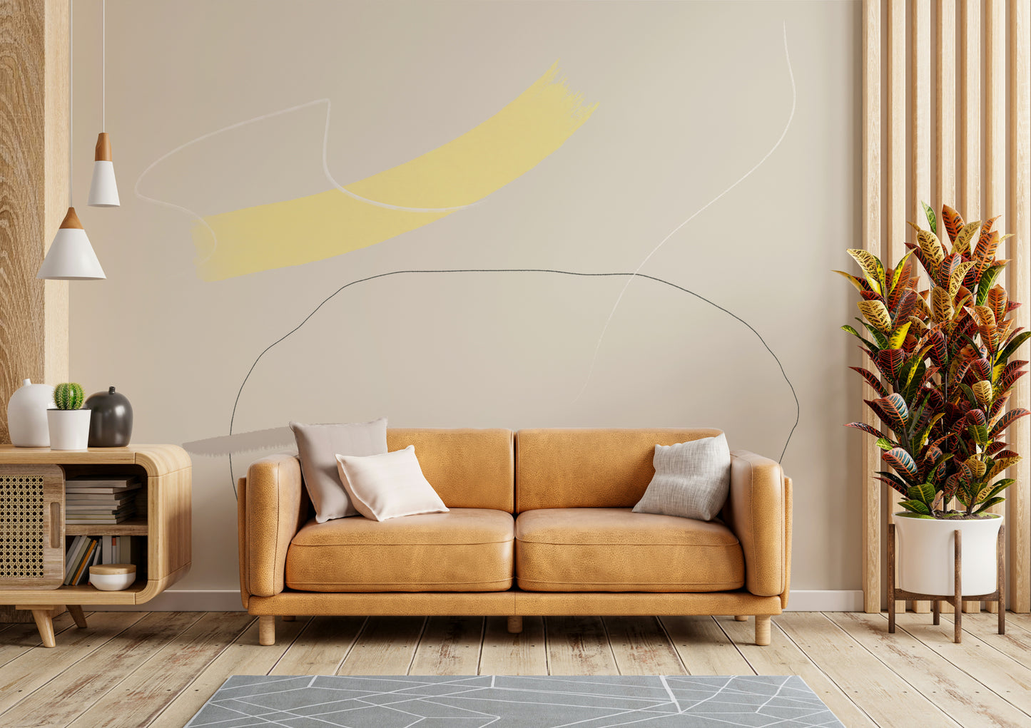 An artistic soft color mural on minimalist wallpaper.

