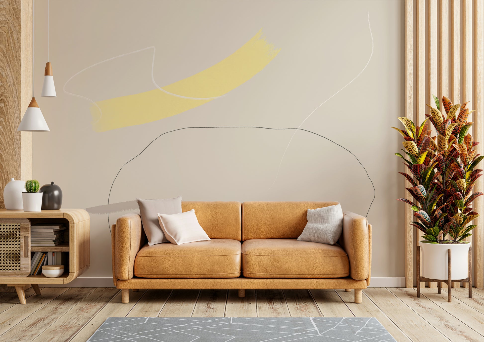 An artistic soft color mural on minimalist wallpaper.

