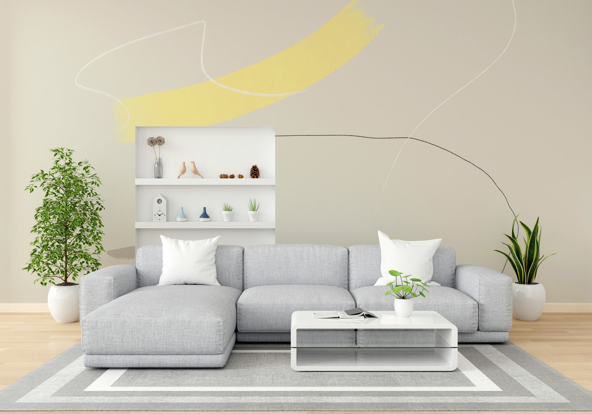 A calming abstract design wallpaper mural that defines a space.

