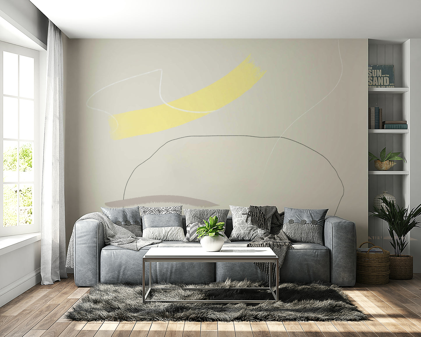 A peaceful modern abstract mural on decorative wallpaper.

