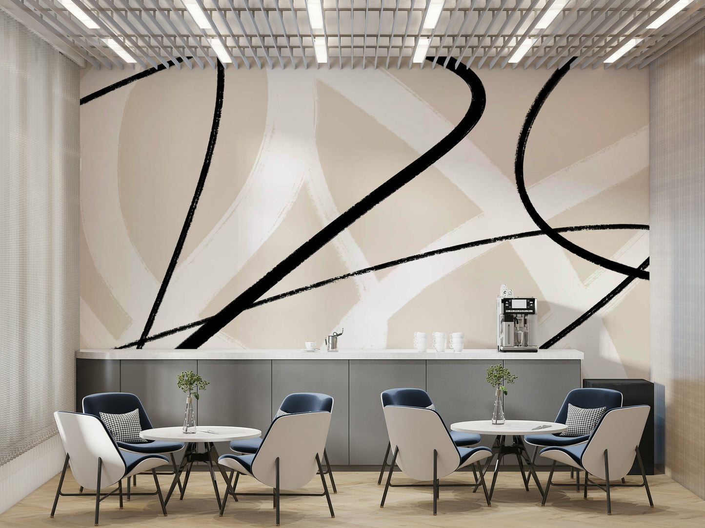 A calming abstract design wallpaper mural that defines a space.

