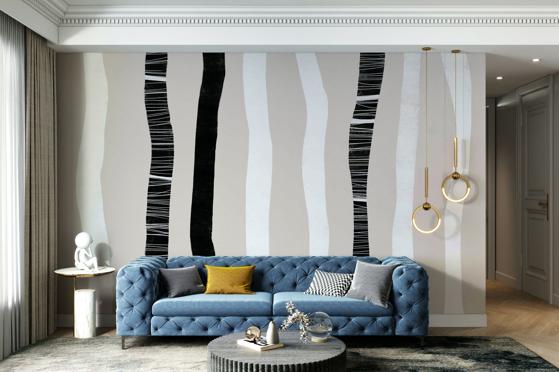 A beautiful modern art wall mural of birch trees.

