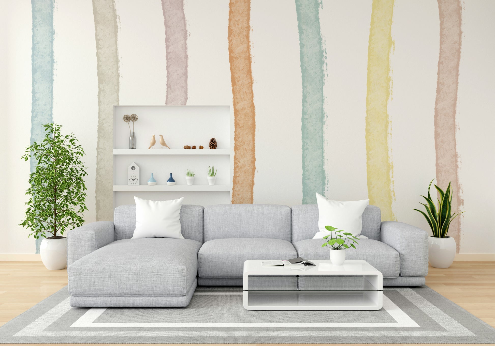 A contemplative colorful wash wallpaper mural for a feature wall.

