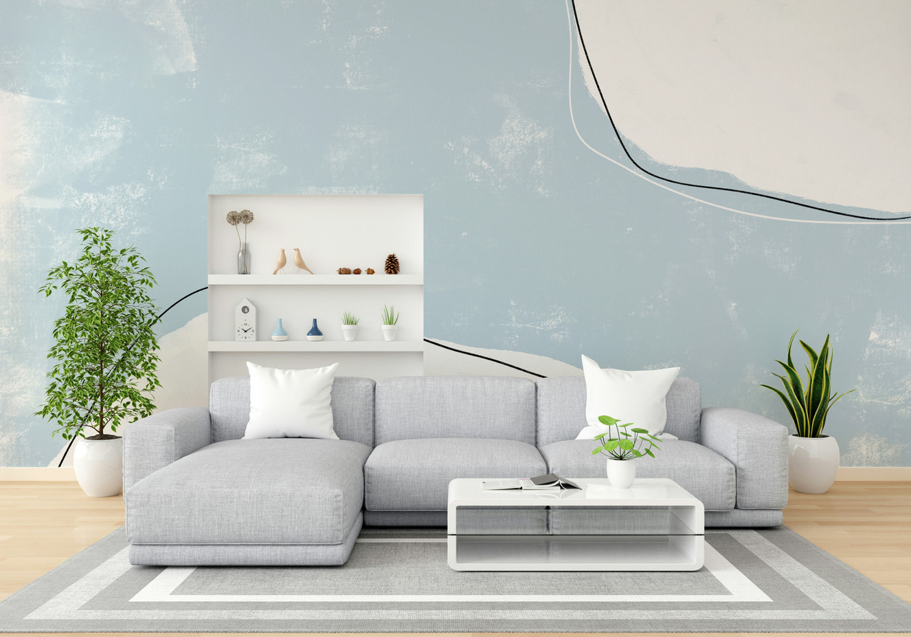 A beautiful powder blue wallpaper mural with artistic strokes.

