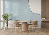 A graceful abstract stroke wall mural in cool, light tones.

