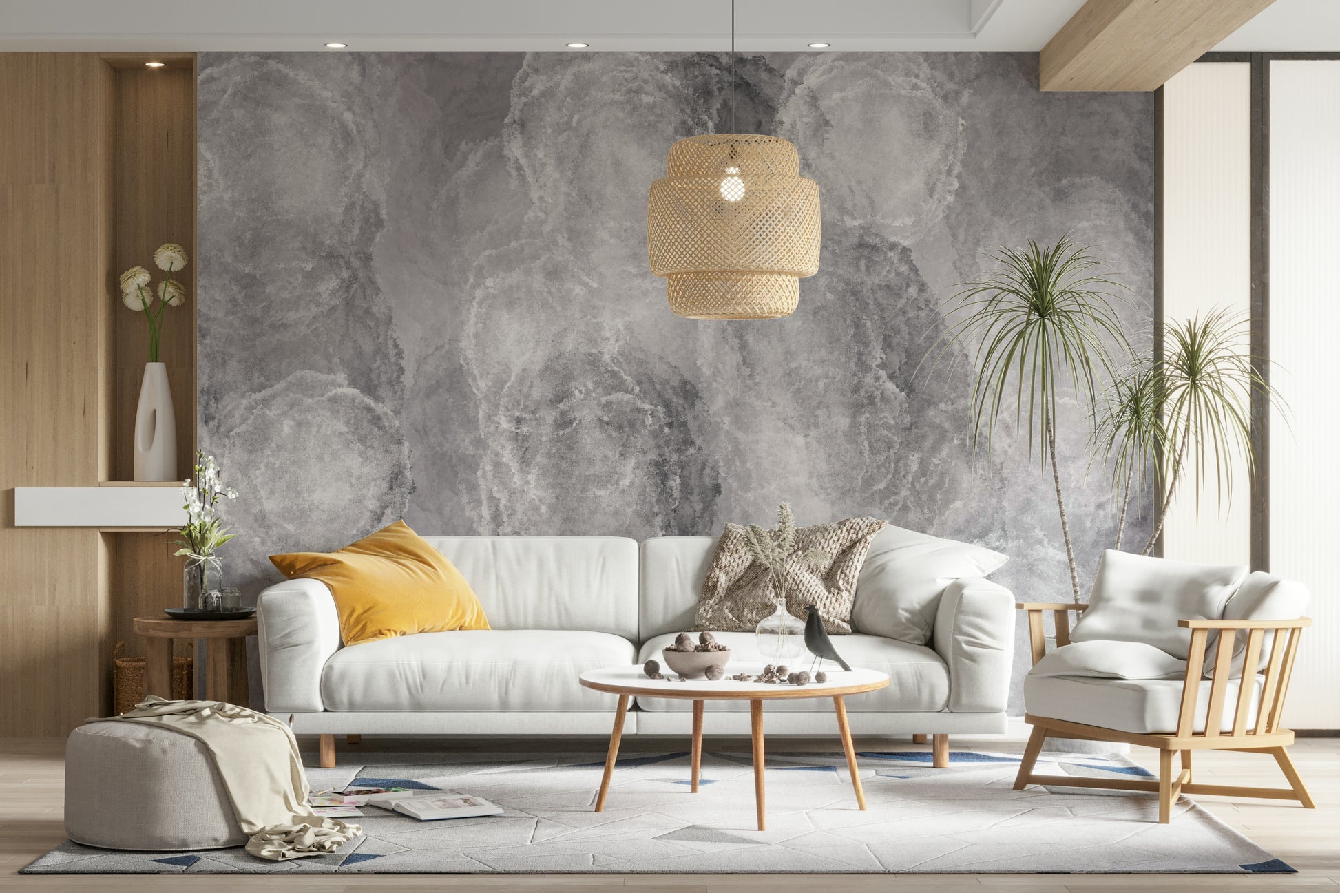 An artistic moody cloudscape mural on minimalist wallpaper.


