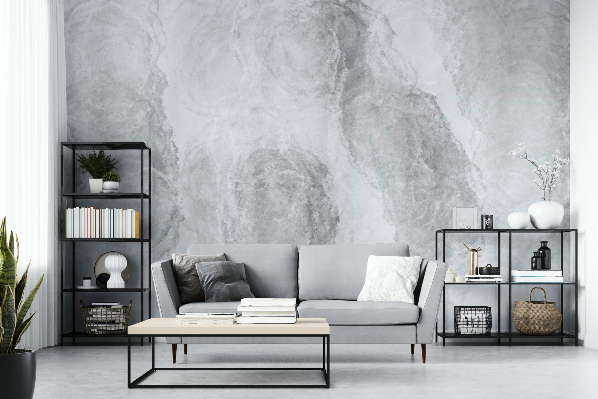 A graceful subtle wave wall mural in cool, natural tones.

