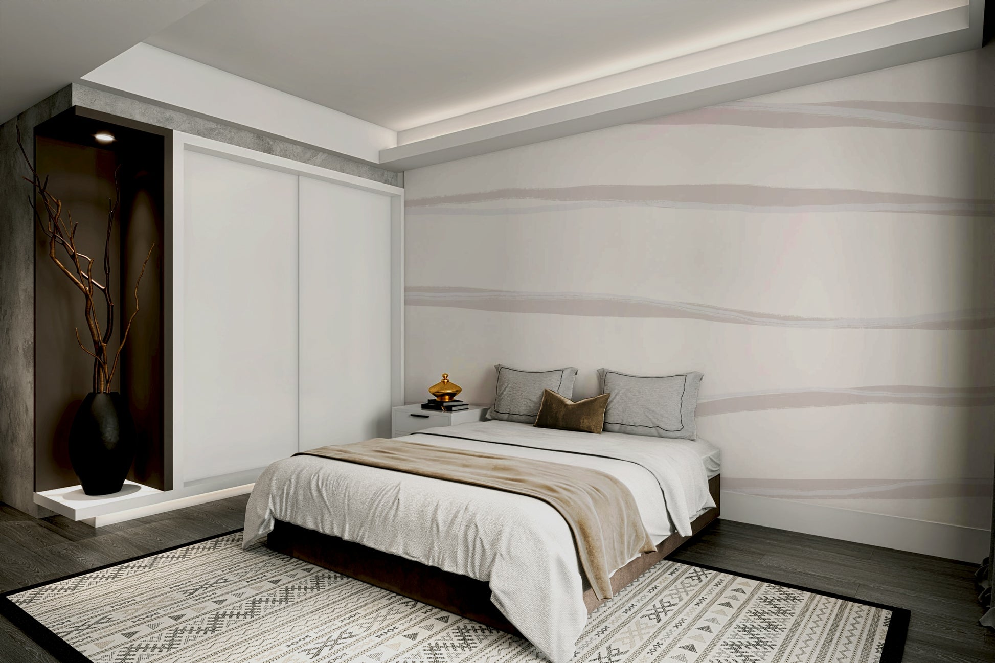 A graceful subtle texture wall mural in cool, neutral tones.

