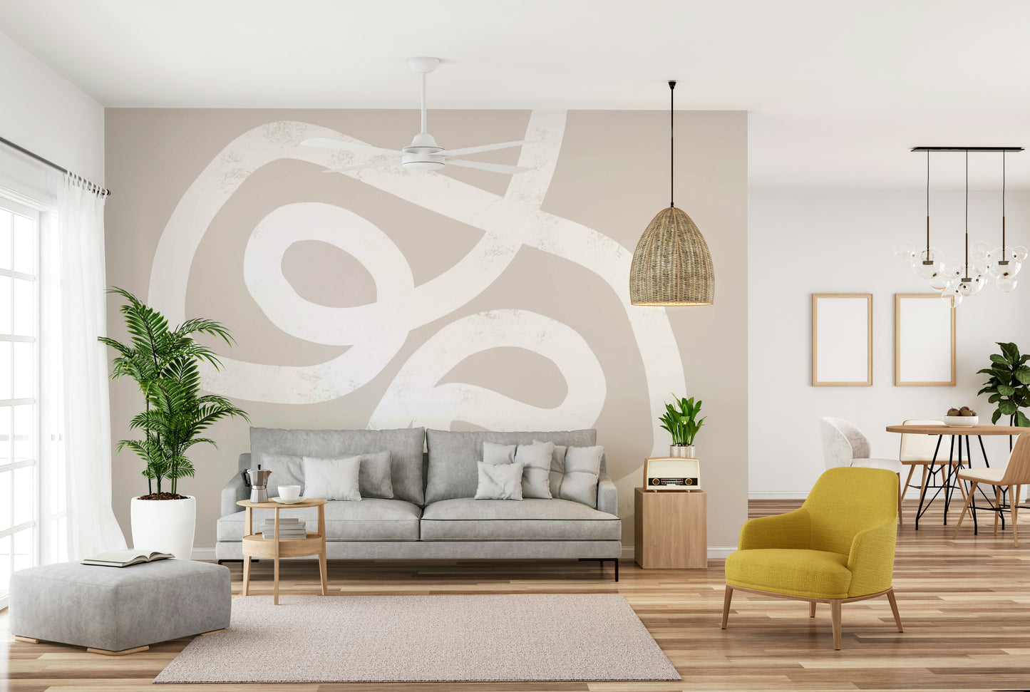 A graceful subtle loop wall mural in cool, natural tones.

