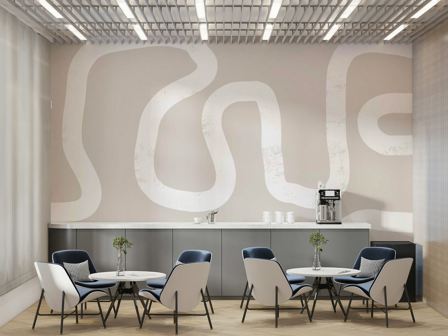 A peaceful woodland path mural on decorative wallpaper.

