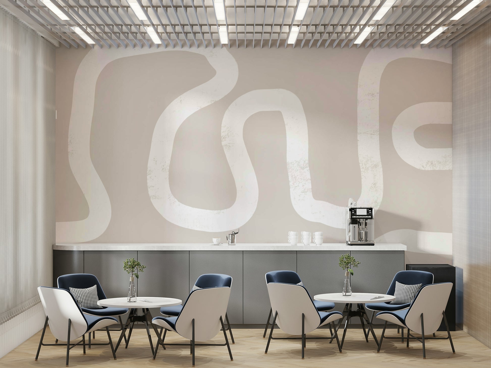 A peaceful woodland path mural on decorative wallpaper.

