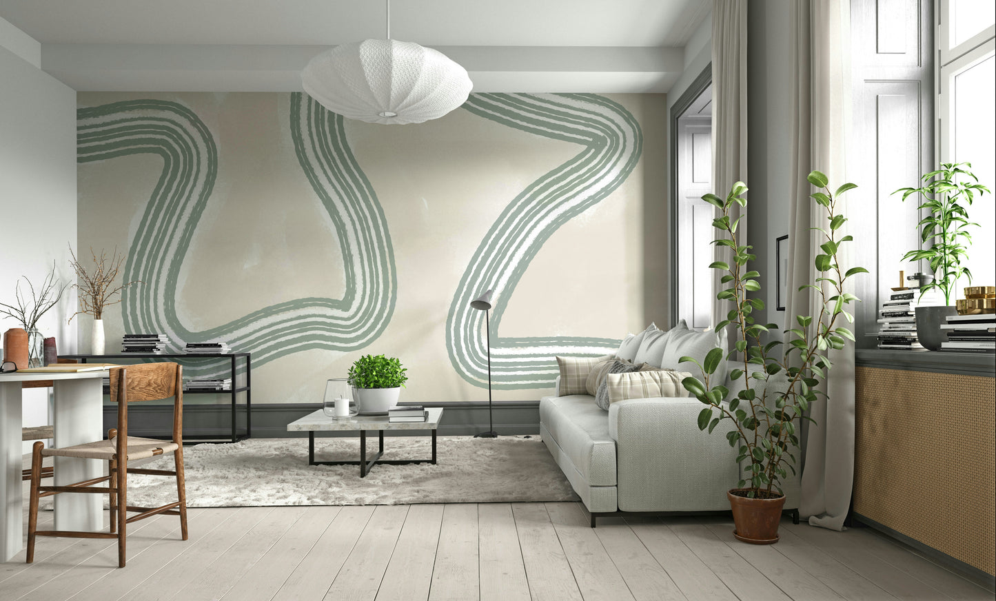A graceful abstract flow wall mural in soft, tranquil tones.

