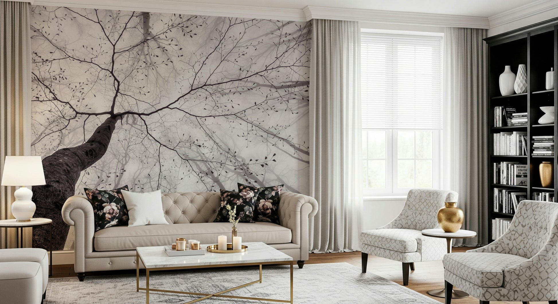 A peaceful woodland vista mural on decorative wallpaper.

