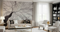 A peaceful woodland vista mural on decorative wallpaper.

