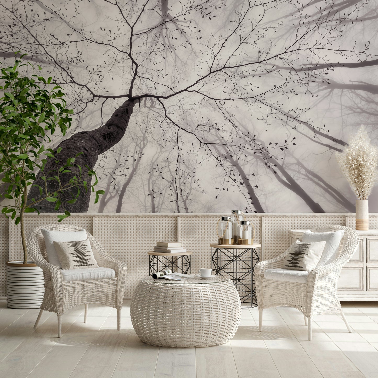 A contemplative misty forest wallpaper mural for a feature wall.

