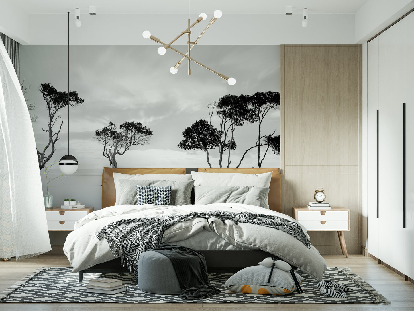 A serene black and white tree wall mural for your decor.

