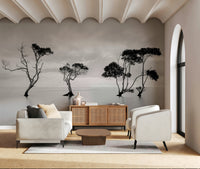 An artistic abstract treescape mural on minimalist wallpaper.


