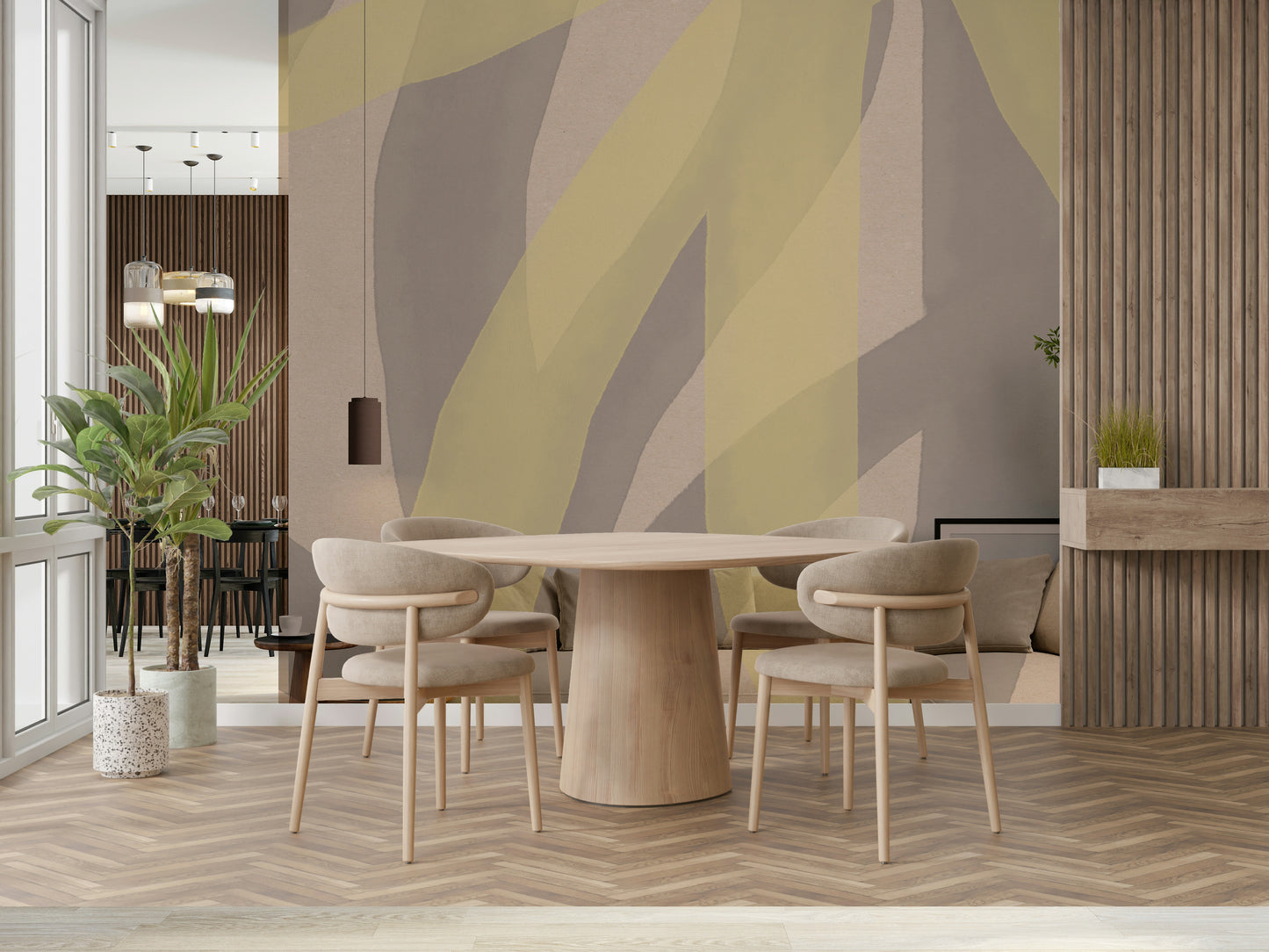 An artistic abstract shape mural on elegant wallpaper.


