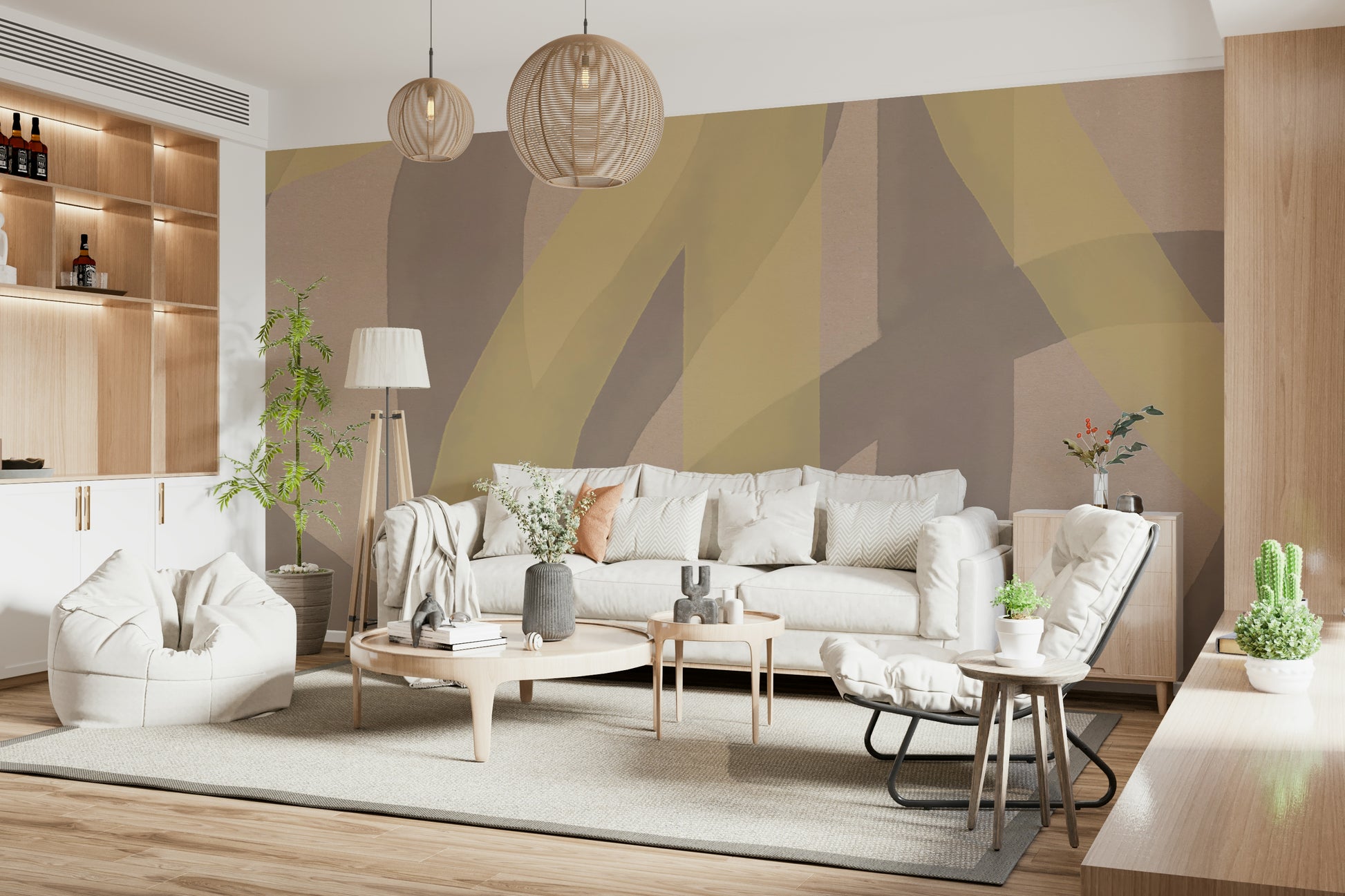A peaceful flowing design mural on decorative wallpaper.

