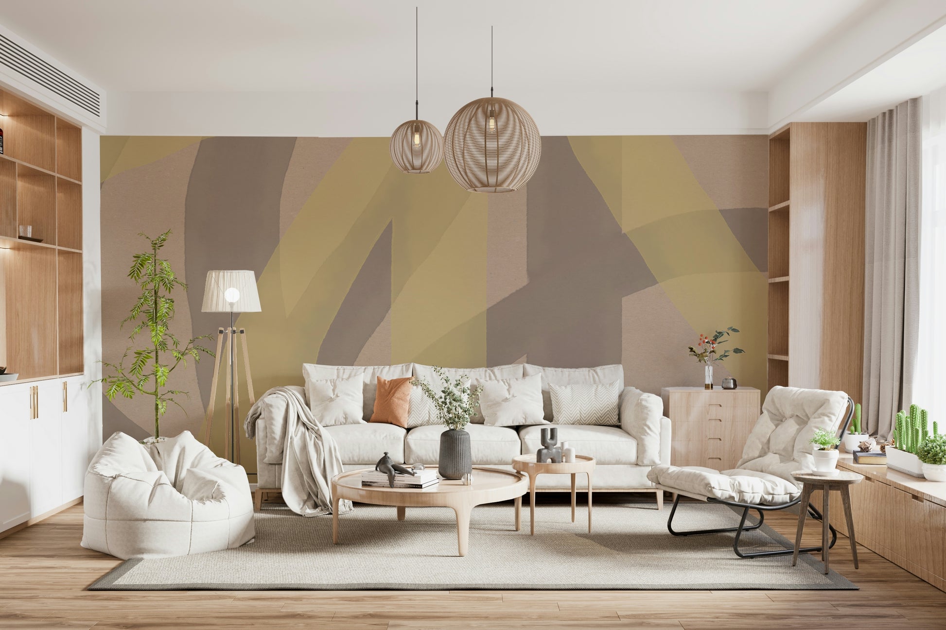 A graceful subtle curve wall mural in cool, natural tones.

